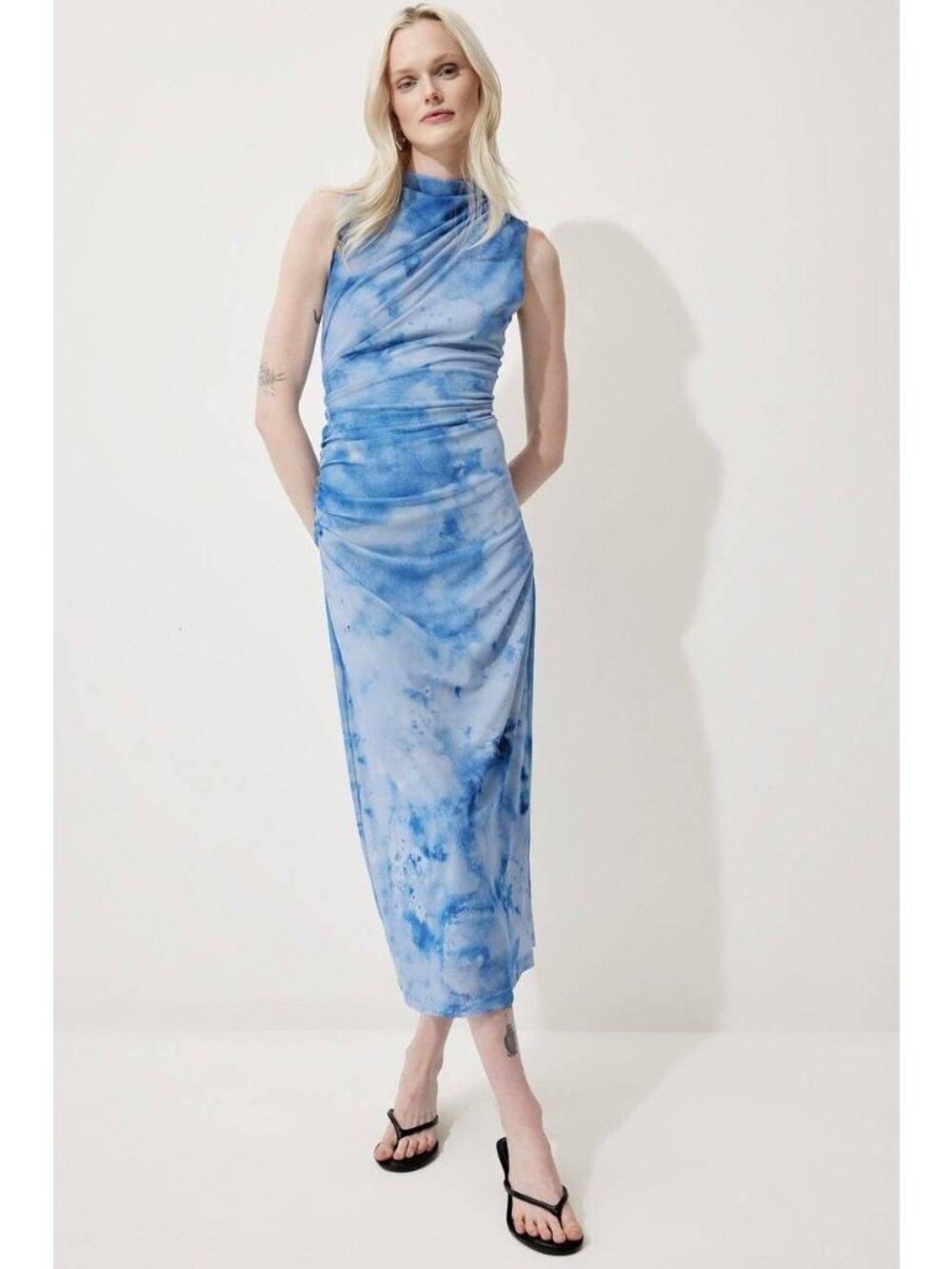 Zara Womens Dress midi Blue Tie Dye Print Sleeveless Ruched Small 3152/344 NWT
